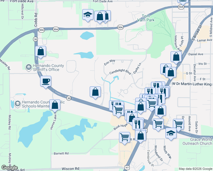 map of restaurants, bars, coffee shops, grocery stores, and more near 1341 Candlelight Boulevard in Brooksville