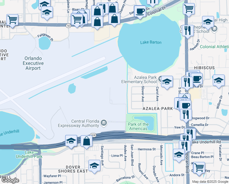 map of restaurants, bars, coffee shops, grocery stores, and more near 110 Andes Avenue in Orlando