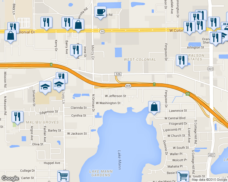 map of restaurants, bars, coffee shops, grocery stores, and more near 3904 West Robinson Street in Orlando