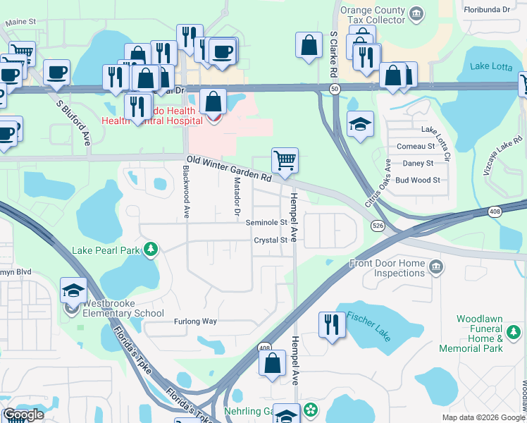 map of restaurants, bars, coffee shops, grocery stores, and more near 3676 Victor Street in Gotha