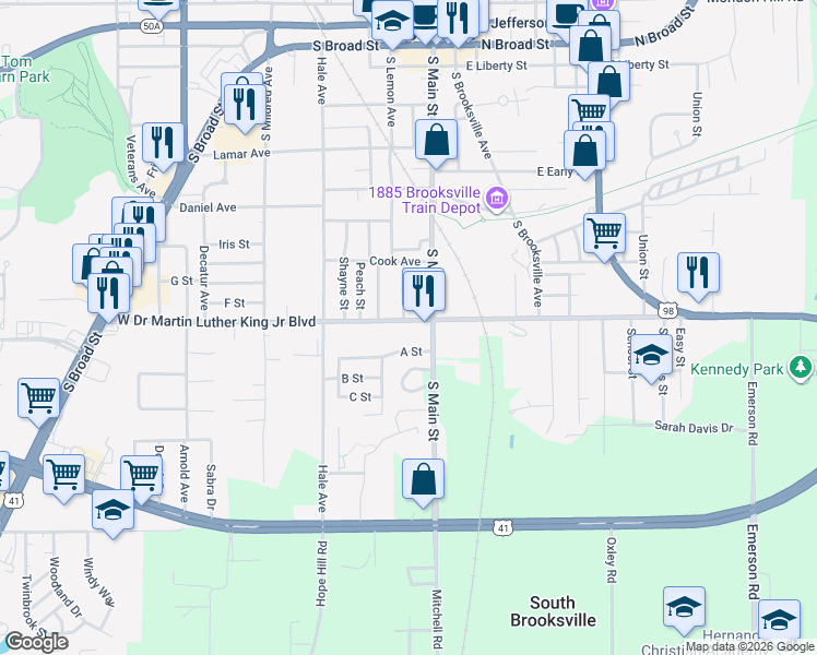 map of restaurants, bars, coffee shops, grocery stores, and more near 101 West Doctor Martin Luther King Junior Boulevard in Brooksville