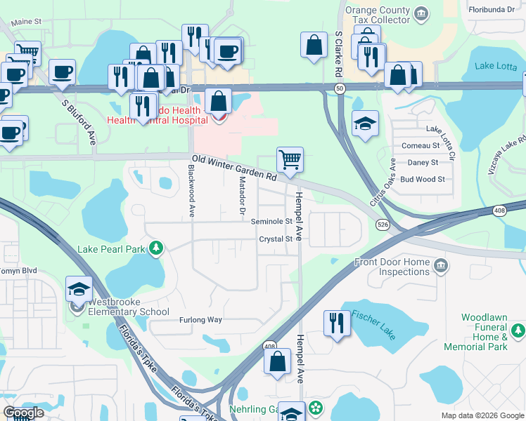 map of restaurants, bars, coffee shops, grocery stores, and more near 3676 Victor Street in Gotha