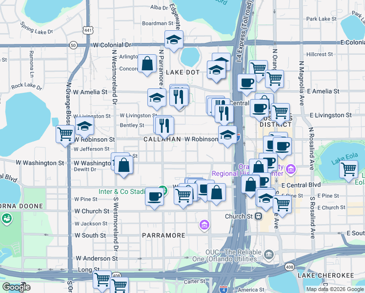 map of restaurants, bars, coffee shops, grocery stores, and more near 210 North Terry Avenue in Orlando