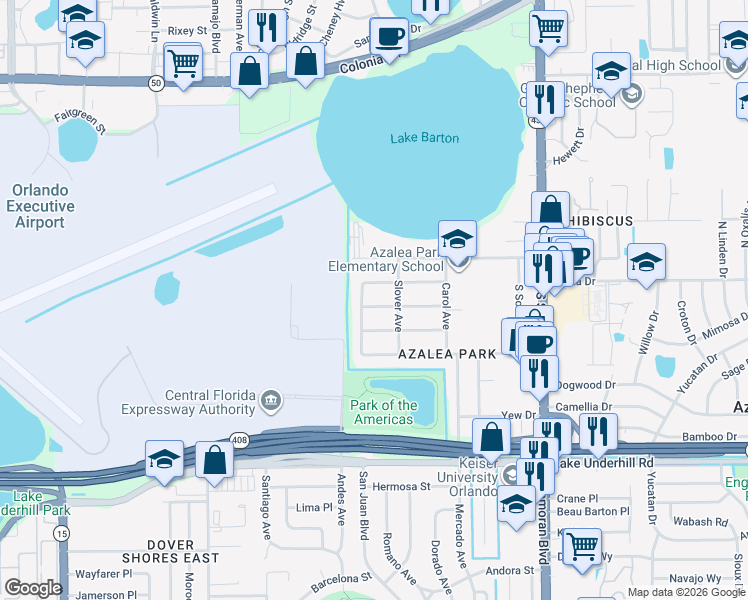 map of restaurants, bars, coffee shops, grocery stores, and more near 5309 Bobby Street in Orlando