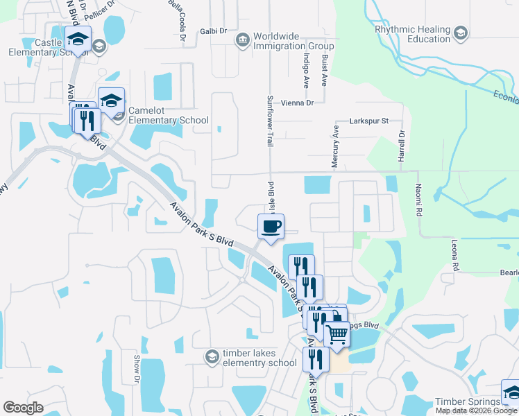 map of restaurants, bars, coffee shops, grocery stores, and more near 306 Sunflower Trail in Orlando