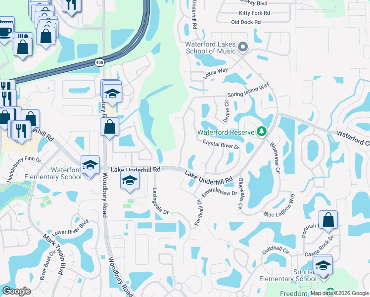 map of restaurants, bars, coffee shops, grocery stores, and more near 535 Spring Island Way in Orlando