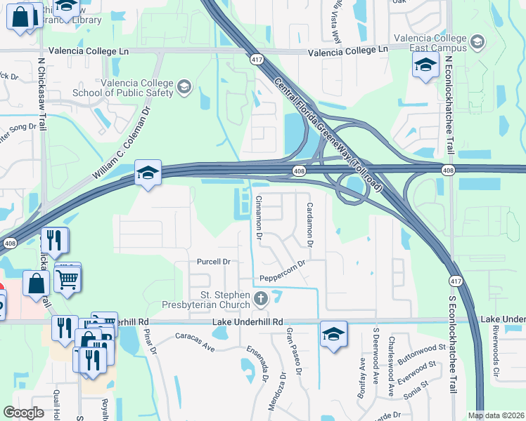 map of restaurants, bars, coffee shops, grocery stores, and more near 8609 Savory Drive in Orlando