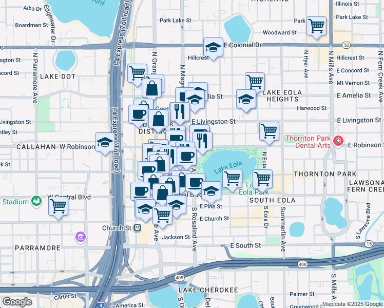 map of restaurants, bars, coffee shops, grocery stores, and more near 150 East Robinson Street in Orlando