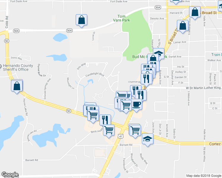map of restaurants, bars, coffee shops, grocery stores, and more near Candlelight Boulevard in Brooksville