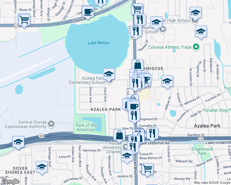 map of restaurants, bars, coffee shops, grocery stores, and more near 1 Carol Avenue in Orlando