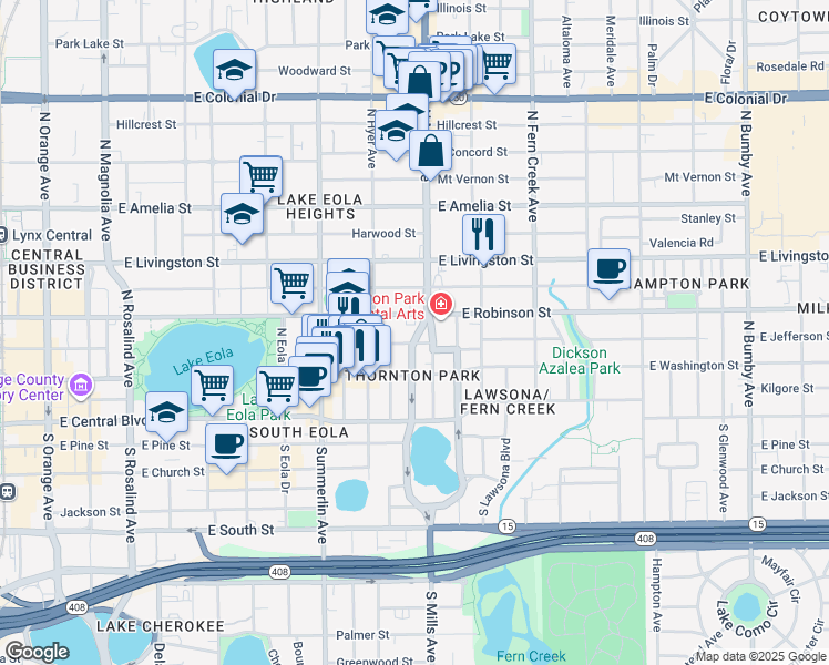 map of restaurants, bars, coffee shops, grocery stores, and more near 1115 East Jefferson Street in Orlando