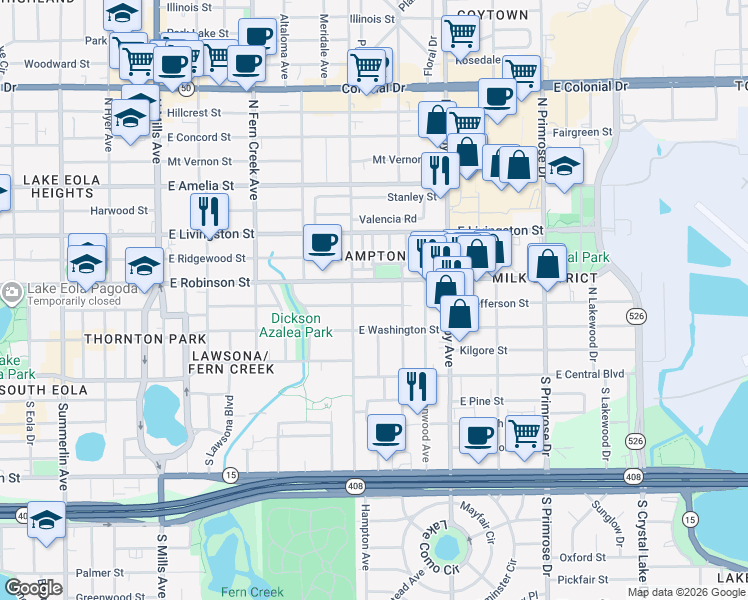 map of restaurants, bars, coffee shops, grocery stores, and more near 2021 East Jefferson Street in Orlando