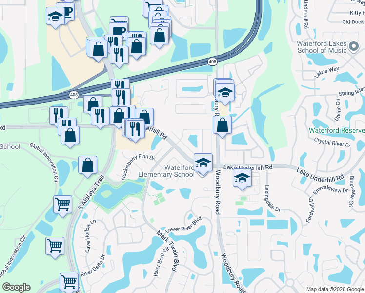 map of restaurants, bars, coffee shops, grocery stores, and more near 12612 Maribou Circle in Orlando