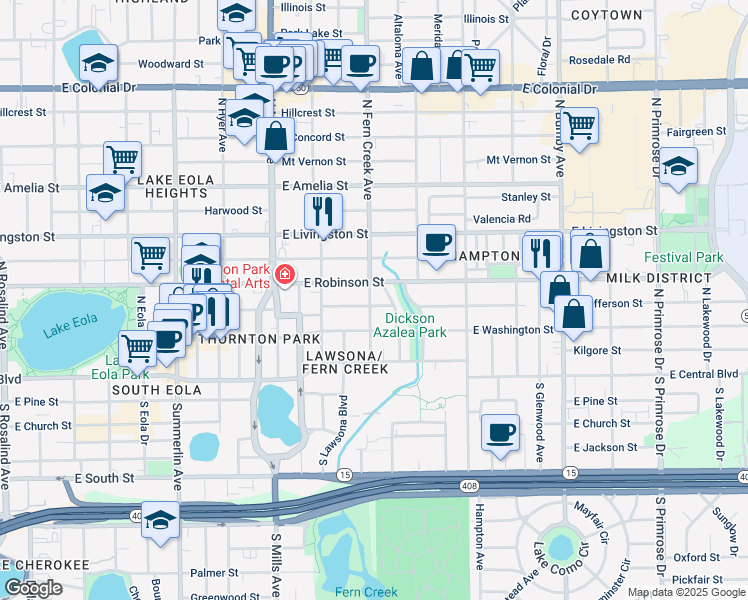 map of restaurants, bars, coffee shops, grocery stores, and more near 1601 East Jefferson Street in Orlando