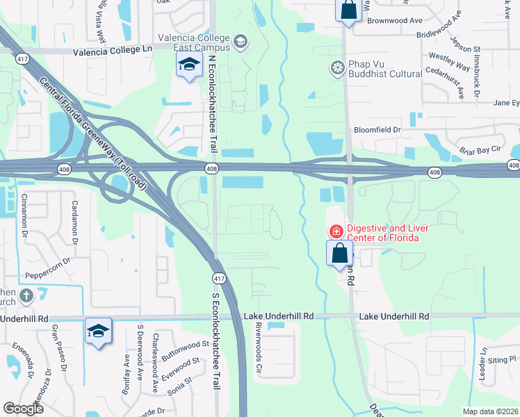 map of restaurants, bars, coffee shops, grocery stores, and more near 236 Muscogee Lane in Orlando