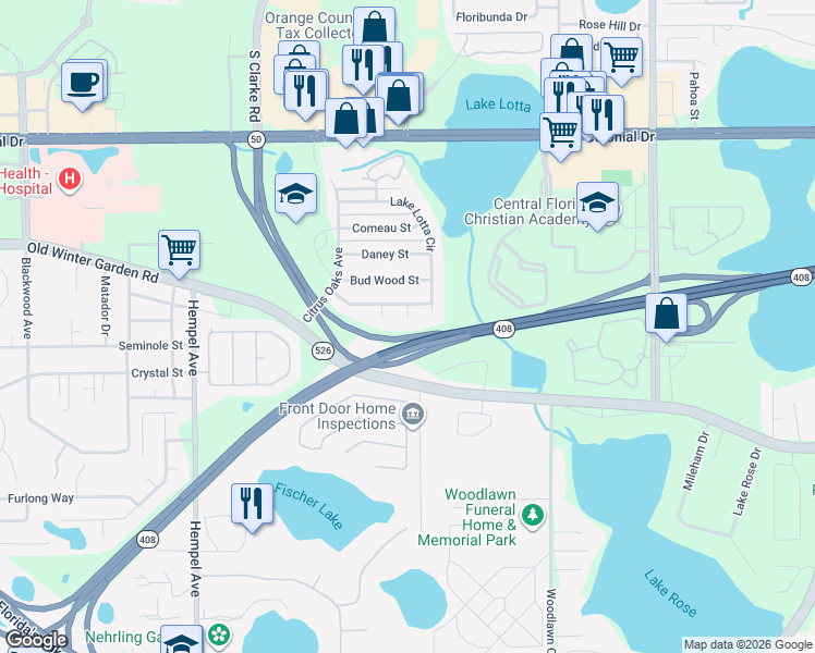 map of restaurants, bars, coffee shops, grocery stores, and more near 1626 Red Ruffle Ct in Gotha