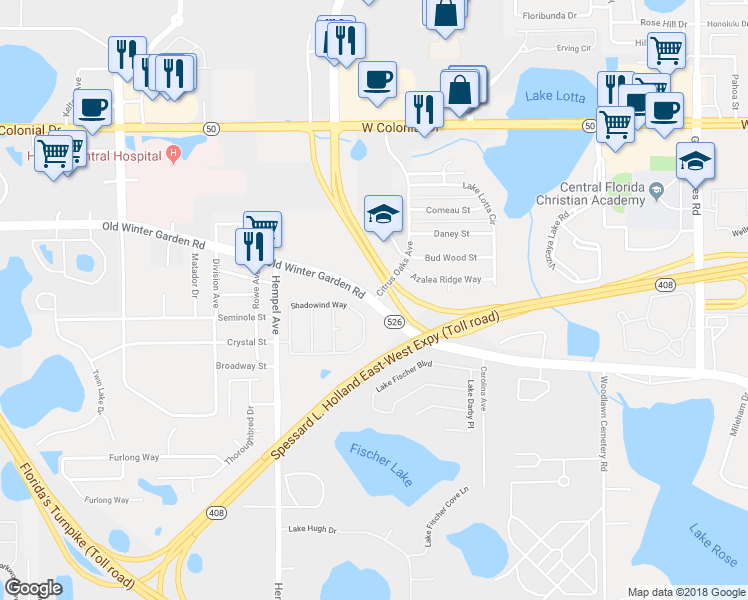 map of restaurants, bars, coffee shops, grocery stores, and more near Old Winter Garden Road in Ocoee