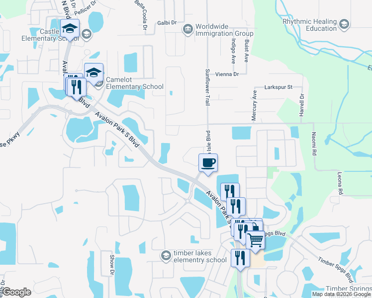 map of restaurants, bars, coffee shops, grocery stores, and more near 306 Sunflower Trail in Orlando