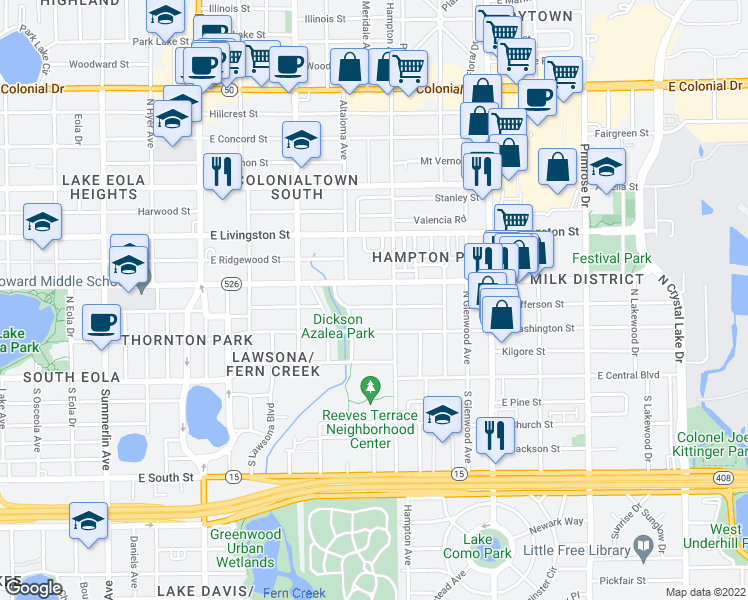 map of restaurants, bars, coffee shops, grocery stores, and more near 1903 East Jefferson Street in Orlando