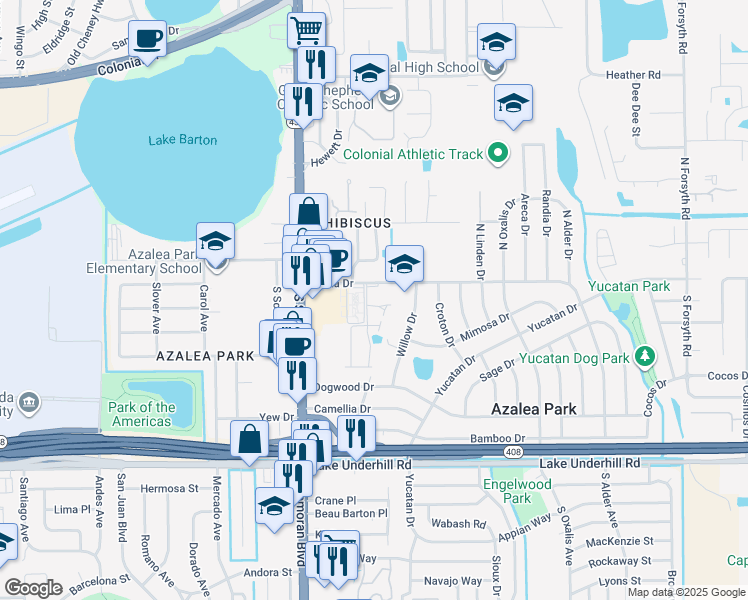 map of restaurants, bars, coffee shops, grocery stores, and more near 5809 Blue Dahlia Way in Orlando
