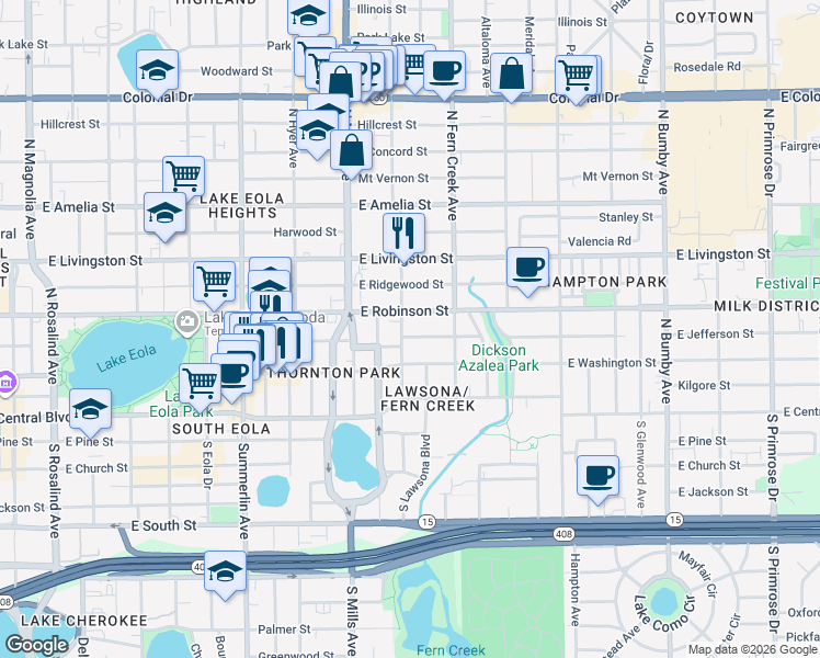 map of restaurants, bars, coffee shops, grocery stores, and more near 1415 East Jefferson Street in Orlando