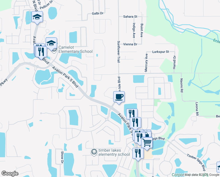 map of restaurants, bars, coffee shops, grocery stores, and more near 306 Sunflower Trail in Orlando