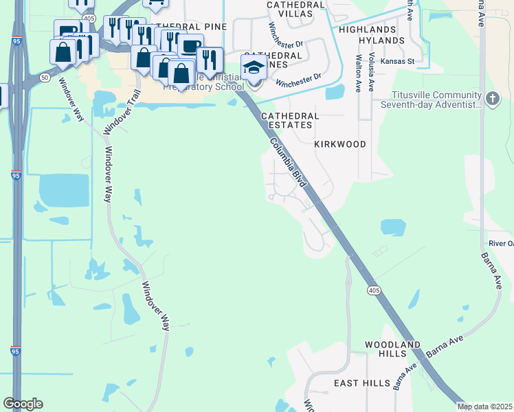 map of restaurants, bars, coffee shops, grocery stores, and more near 2 Ponds Lane in Titusville