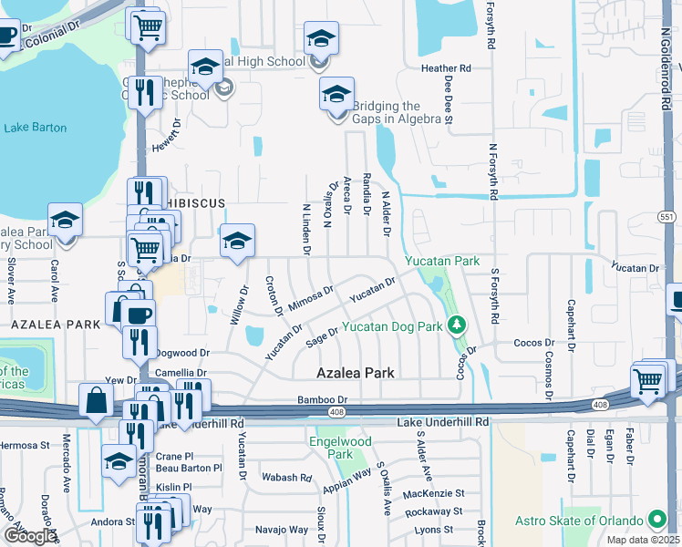 map of restaurants, bars, coffee shops, grocery stores, and more near 6127 Mimosa Drive in Orlando