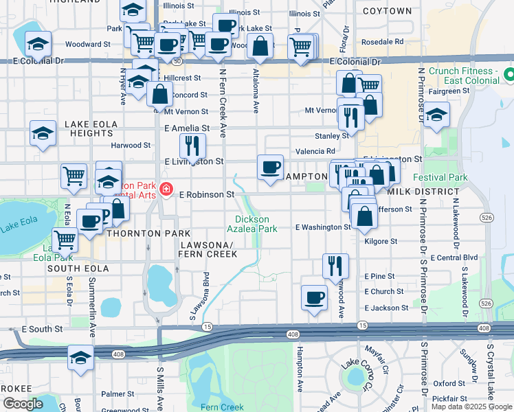map of restaurants, bars, coffee shops, grocery stores, and more near 119 Celia Lane in Orlando