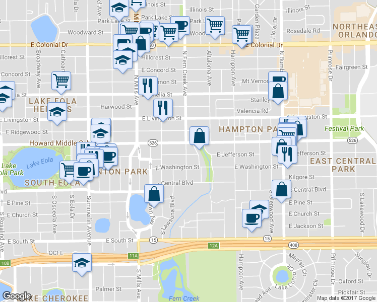 map of restaurants, bars, coffee shops, grocery stores, and more near 1601 East Jefferson Street in Orlando