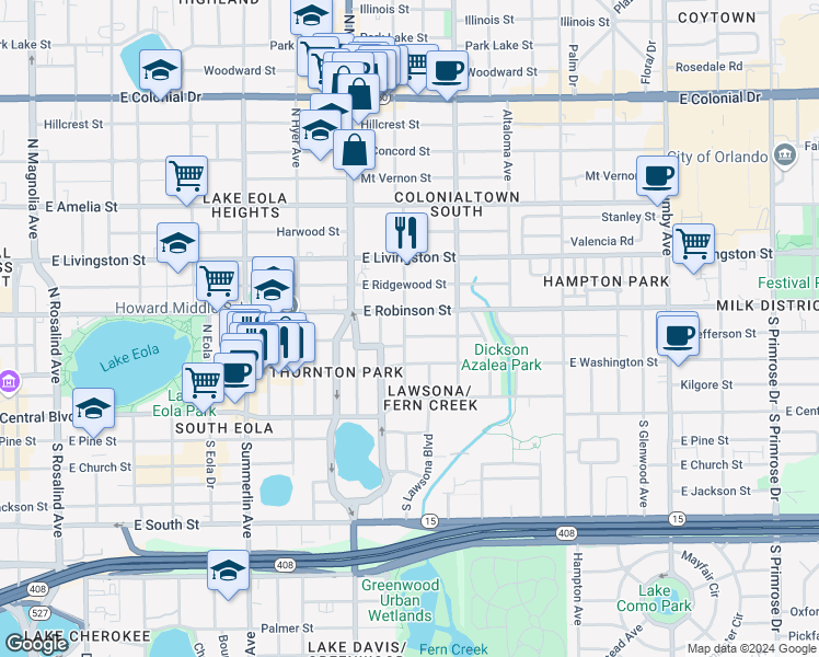 map of restaurants, bars, coffee shops, grocery stores, and more near 1415 East Jefferson Street in Orlando