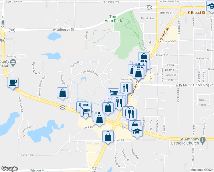 map of restaurants, bars, coffee shops, grocery stores, and more near 970 Village Drive in Brooksville