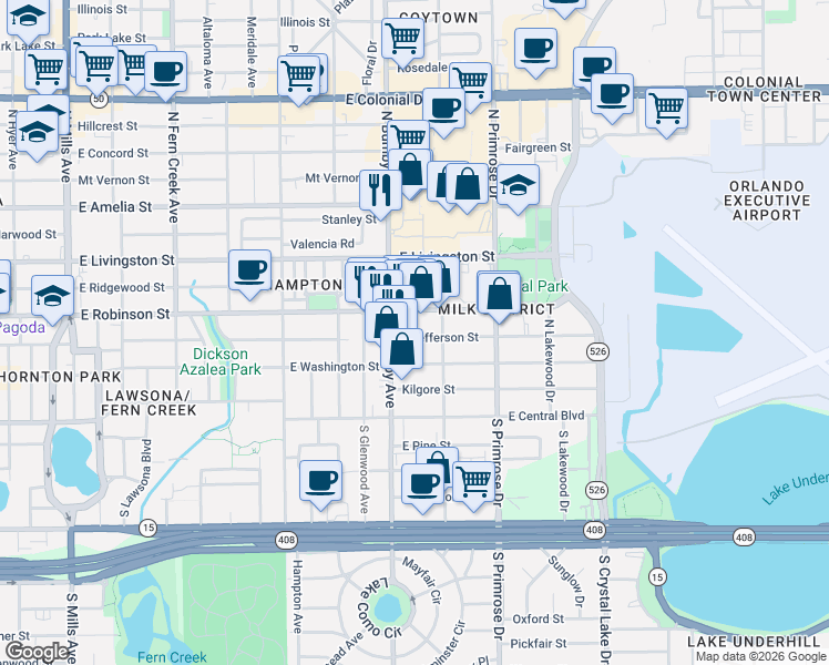 map of restaurants, bars, coffee shops, grocery stores, and more near 2433 East Jefferson Street in Orlando
