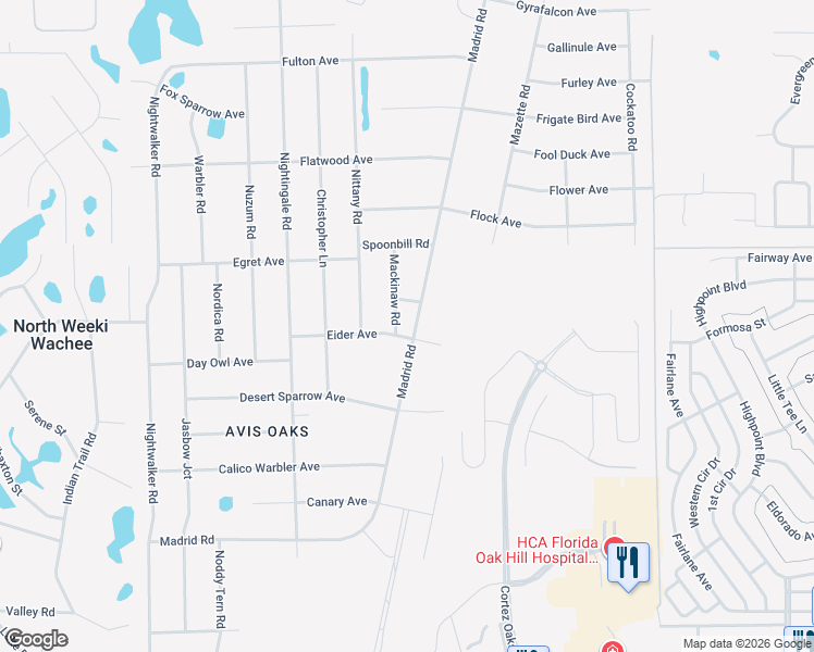 map of restaurants, bars, coffee shops, grocery stores, and more near 11040 Eider Avenue in Spring Hill