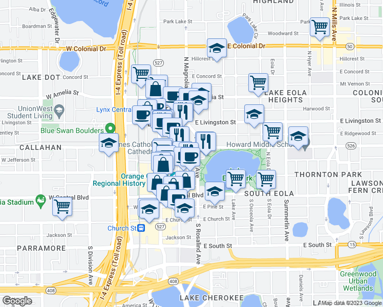 map of restaurants, bars, coffee shops, grocery stores, and more near 150 East Robinson Street in Orlando