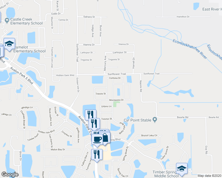 map of restaurants, bars, coffee shops, grocery stores, and more near 702 Cortona Drive in Orlando