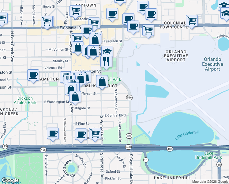 map of restaurants, bars, coffee shops, grocery stores, and more near 2923 East Jefferson Street in Orlando