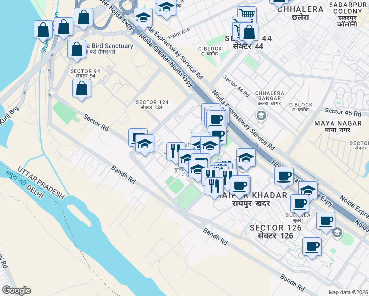 map of restaurants, bars, coffee shops, grocery stores, and more near Sector Road in Noida