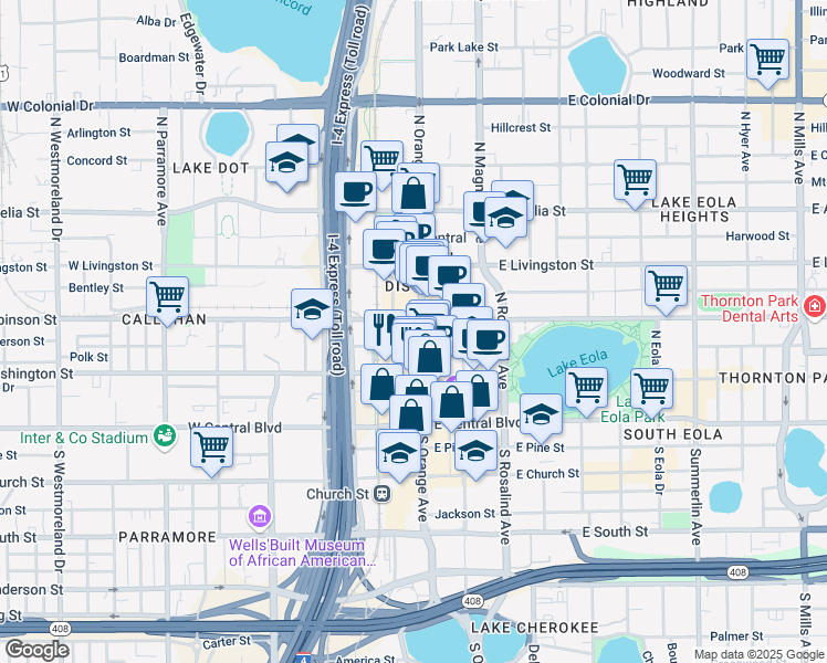 map of restaurants, bars, coffee shops, grocery stores, and more near 33 West Jefferson Street in Orlando