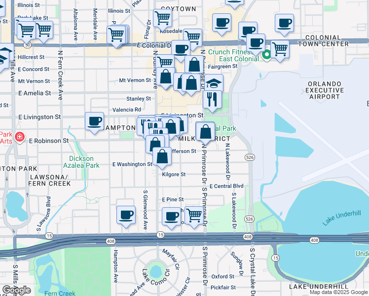 map of restaurants, bars, coffee shops, grocery stores, and more near 2606 East Jefferson Street in Orlando