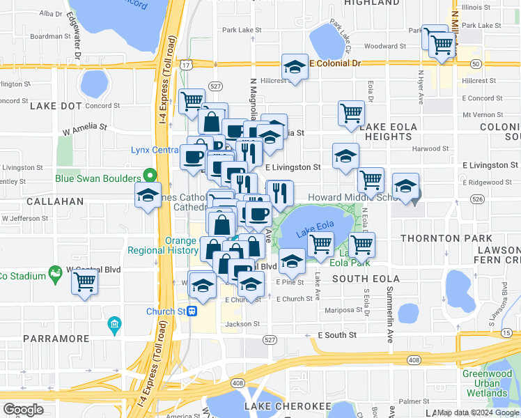map of restaurants, bars, coffee shops, grocery stores, and more near 150 East Robinson Street in Orlando