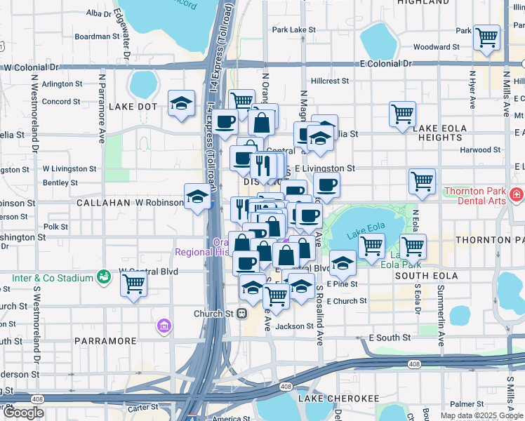 map of restaurants, bars, coffee shops, grocery stores, and more near 33 West Jefferson Street in Orlando