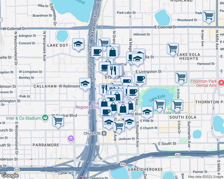 map of restaurants, bars, coffee shops, grocery stores, and more near 33 West Jefferson Street in Orlando
