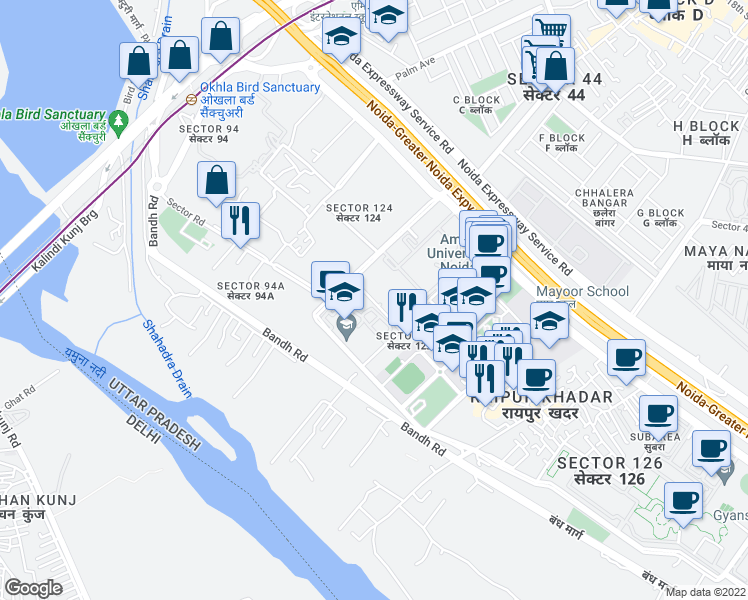 map of restaurants, bars, coffee shops, grocery stores, and more near in Noida