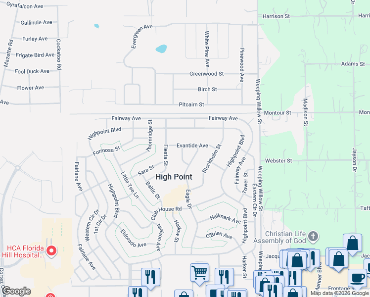 map of restaurants, bars, coffee shops, grocery stores, and more near 8156 Baycrest Drive in Brooksville