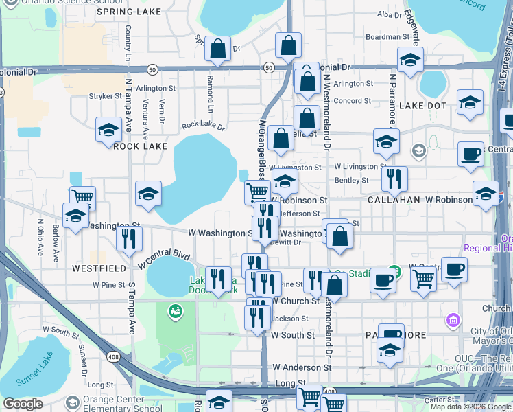 map of restaurants, bars, coffee shops, grocery stores, and more near 232 North Orange Blossom Trail in Orlando