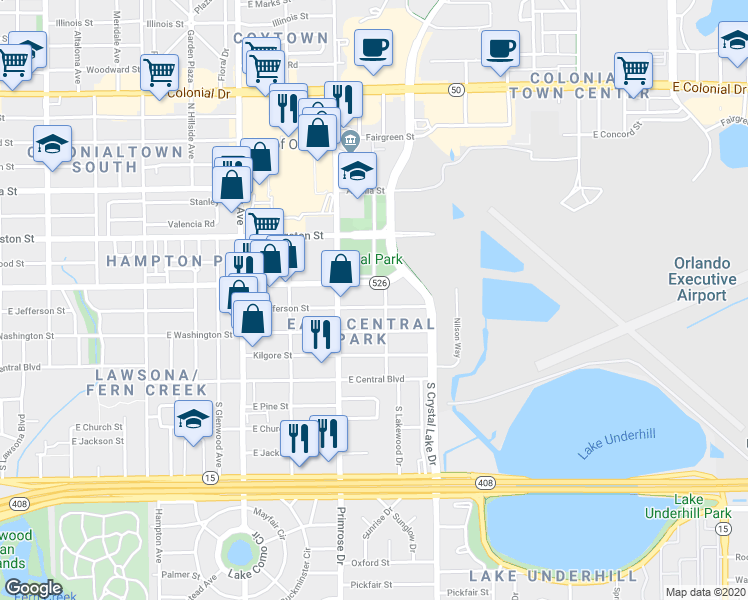 map of restaurants, bars, coffee shops, grocery stores, and more near 2906 East Jefferson Street in Orlando