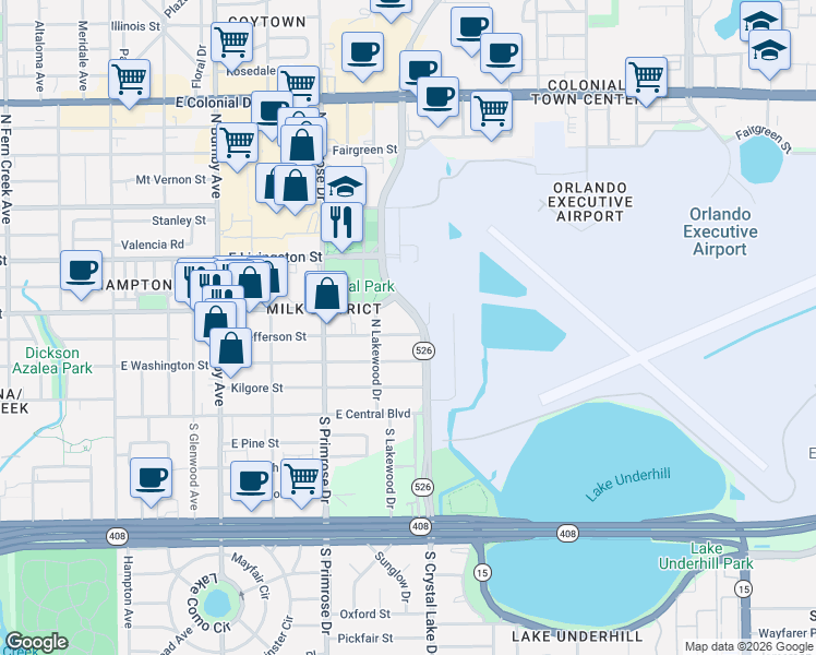 map of restaurants, bars, coffee shops, grocery stores, and more near 3018 East Jefferson Street in Orlando