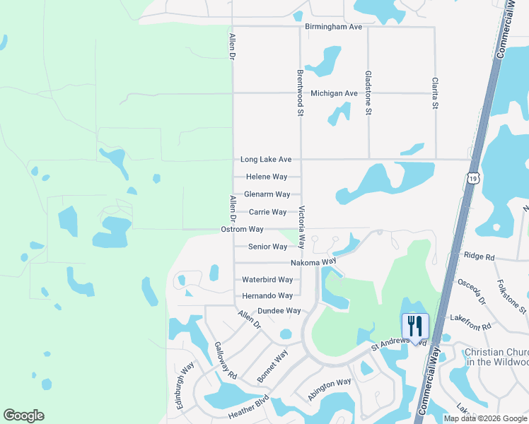 map of restaurants, bars, coffee shops, grocery stores, and more near Carrie Way in Hernando County