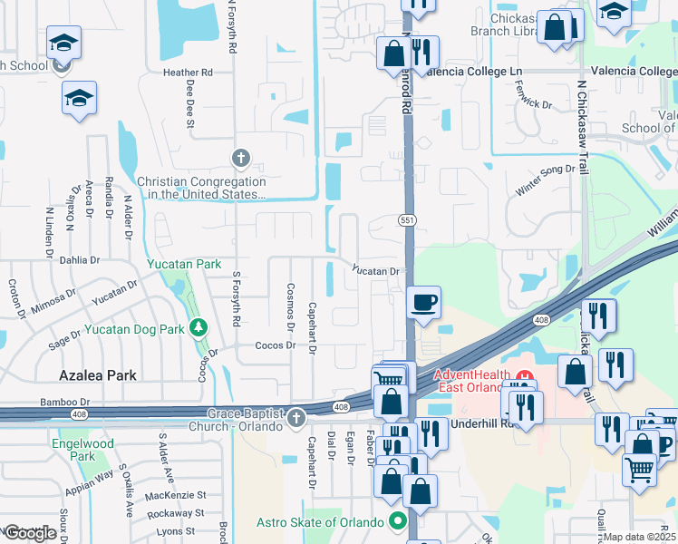 map of restaurants, bars, coffee shops, grocery stores, and more near 18 Vanna Court in Orlando